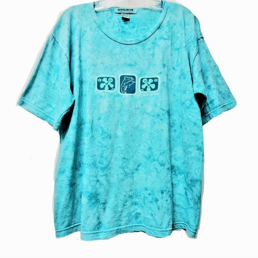 Guava Beach Resortwear Catalina Island Tie Dye Aqua 100% Cotton Tshirt Size L